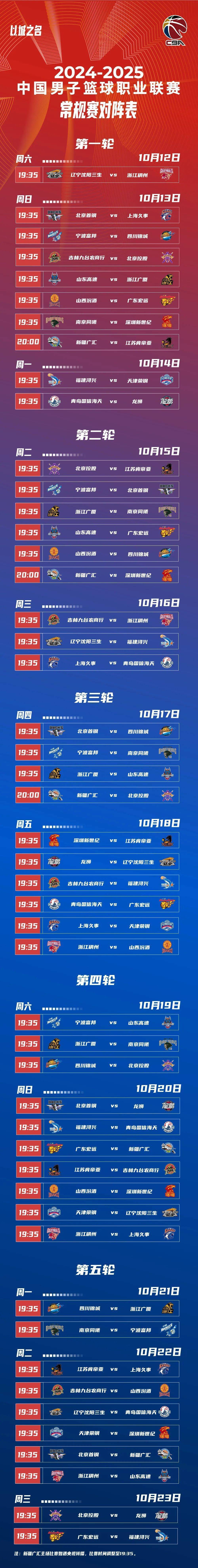 CBA新赛季赛程出炉！