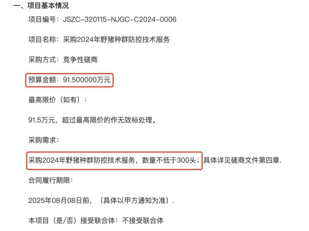 91.5万元打300头野猪，南京一企业中标后弃标，知情人：人手不够