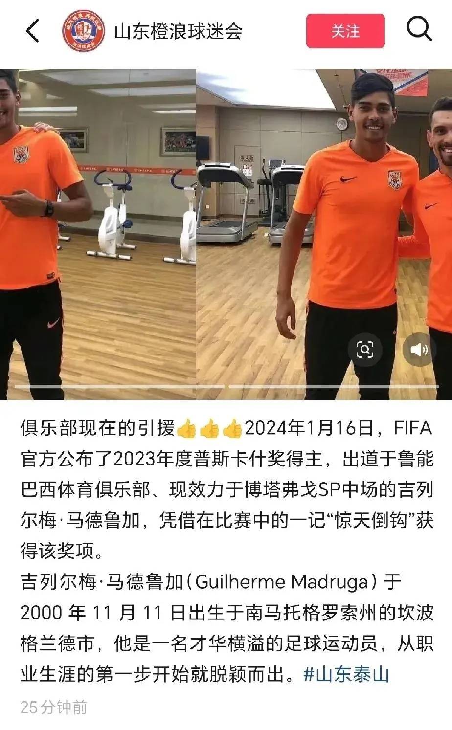 中超媒体透露：泰山队新外援后腰是来自巴西的吉列尔梅·马德鲁加，今年24岁